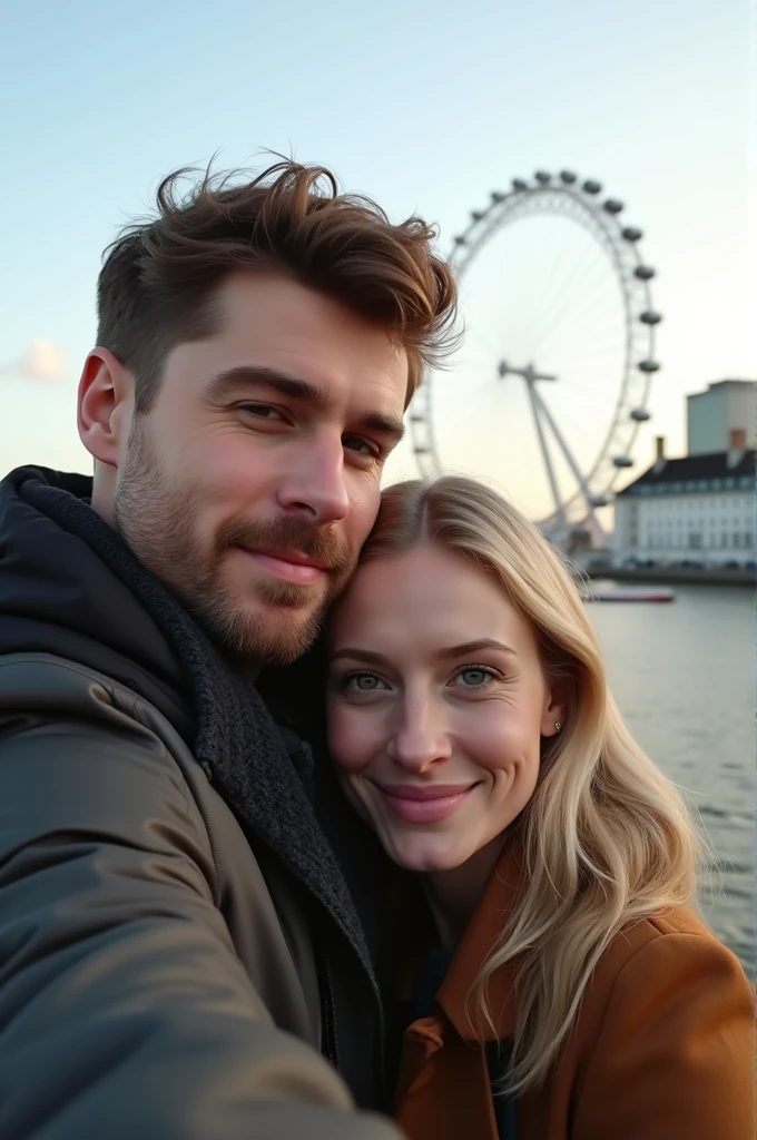 A couple hugging in front of the London Eye,  taking a profile selfie man brown hair and eyes, with old money style haircut, blonde woman with green eyes 8k ultra realistic photorealistic 