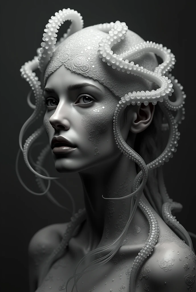 a png of a jellyfish woman with octopus on her head in black and white