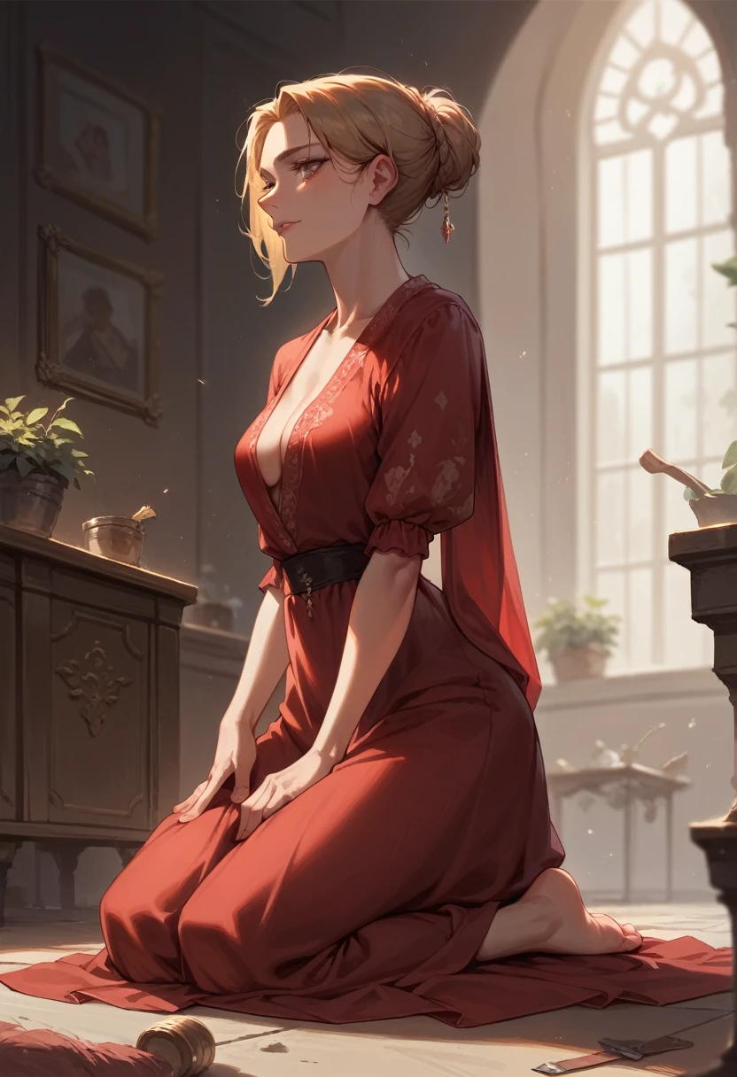 A woman wearing a red dress, barefoot, kneeling