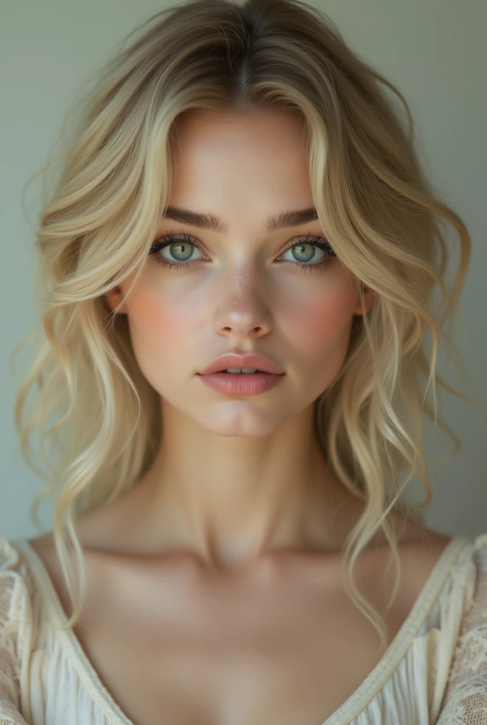 A blonde woman, slightly androgynous face, around 2, slightly grayish green eyes