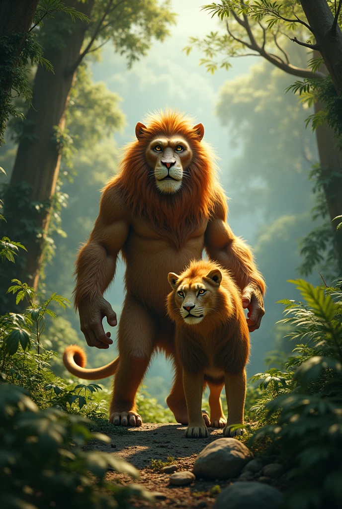 a lion-like monkey with a lioness on the side, both in a forest