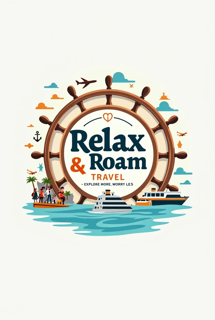 make me a clean, elegant logo of relax & roam travel with a vibe of relaxing vacations, anchor, cruise ship, travelers, guests, tour guides, island, travel bags, airplane, bus, sea water and the name of the company which is RELAX & ROAM TRAVEL and it's slogan "explore more, worry less" inside of a one steering wheel, like LOGO, the elements should be detailed and understandable, make it inside of steering wheel