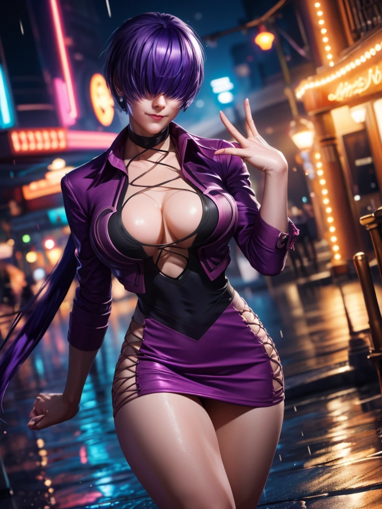 (at night), alone, in a video game scene a background of a beautiful city during the day raining, standing at attention, purple hair, ((purple hair)), 1 girl, alone, 20 years old, young woman , perfect hands, beautiful and perfect fingers, beautiful long legs, perfect legs, beautiful body, beautiful nose, beautiful character design, perfect face, look at the viewer with a serious gesture and in an attack position (focusing on his face), closed mouth , Light_Smile, official art, extremely detailed CG unity 8k wallpaper, perfect lighting, bright and colorful front lighting, glowing skin (masterpiece: 1.0), (best_quality: 1.0), ultra high resolution, 4K, ultra detailed photography, 8K , HDR, high resolution, nonsense: 1.2, Kodak portra 400, film grain, blurred background, bokeh: 1.2, lens flare, (vibrant_color:1.2), professional photography, (beautiful_face: 1.5), (narrow waist),
