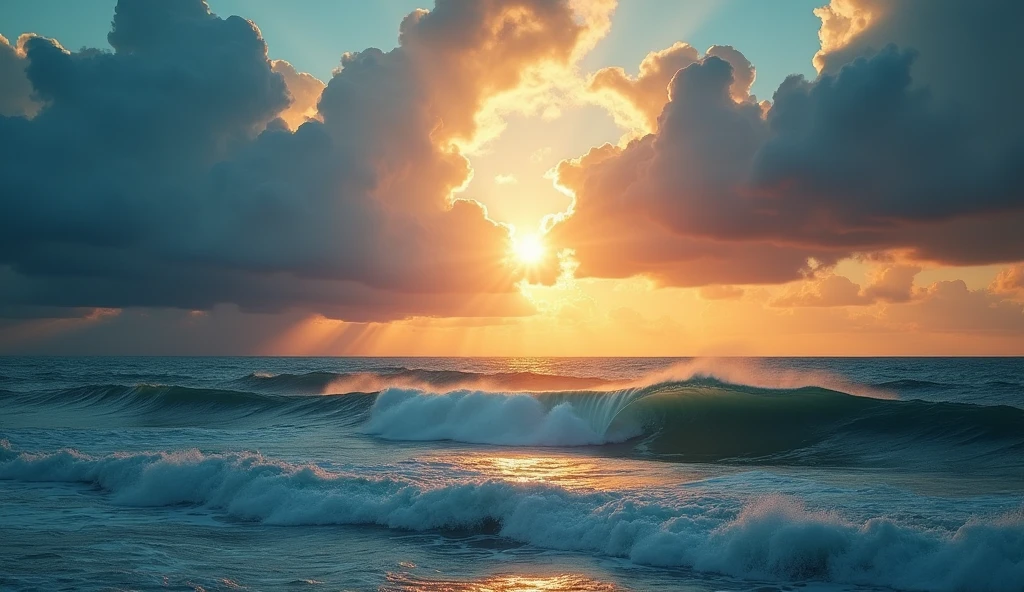 a beautiful calm serene ocean, crashing waves, epic ocean landscape, dramatic sky, golden hour lighting, dramatic clouds, sun flare, highly detailed, photorealistic, 8k, hyperrealistic, cinematic, dramatic lighting, pristine water, crystal clear water, reflections, moody atmosphere, breathtaking, stunning, awe-inspiring