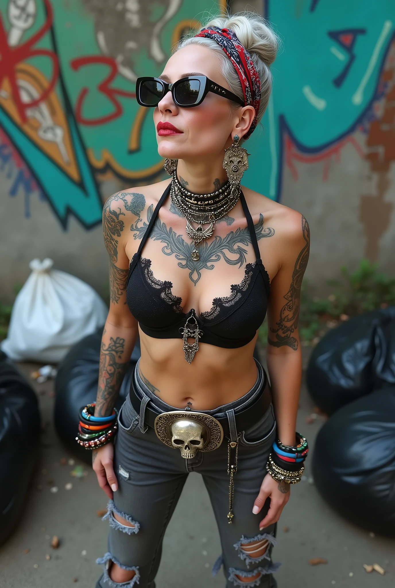 russian old milf woman, grey hair (bouffant, top bun) and oversized square sunglasses and wide colourful bandana as headband, with very light green eyes, extremely pale. Big lips. Black lace push up bra, silicone breast,, dark worn skinny low rise grey jeans with holes on knees ( patched with colourful fabric). Flip flops. Lots of thick wide studded bracelets, chain collars and big rings. Tacky wide studded leather belt with big skull and bones oval buckle. Two pistol holsters hanging from crossed loose belts,. Long earrings with chains and feathers. Standing with legs apart, hands on her hips, stretching her neck and looking up in surprise craving., Neck, chest, stomach and wrists heavily tattoed. Toned abdominals, thin neck, slim legs and thin arms. Narrow hips Graffitied wall behind, waste on the ground and piled garbage bags around. Seen from above