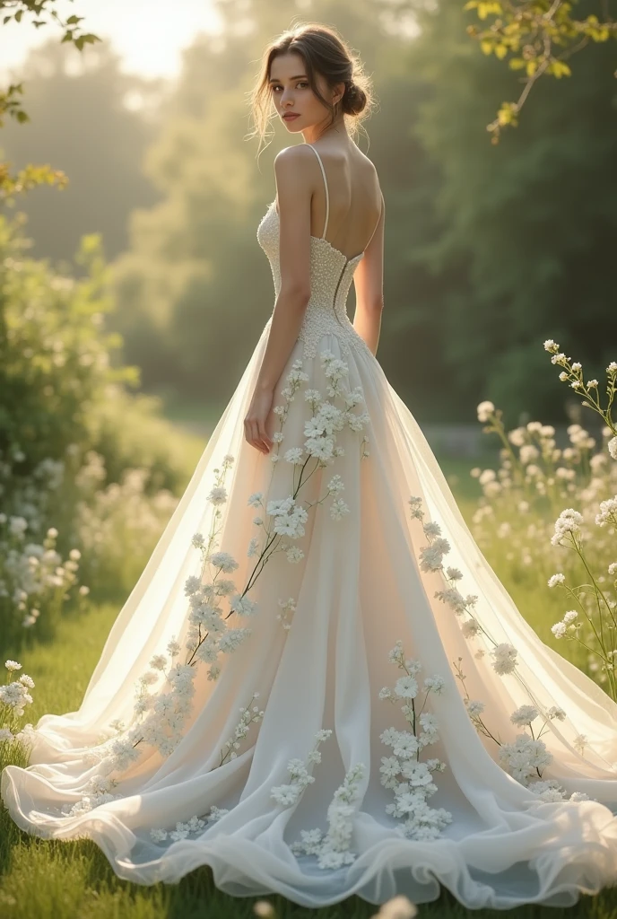 Satin wedding dress with delicate white flowers printed on it 