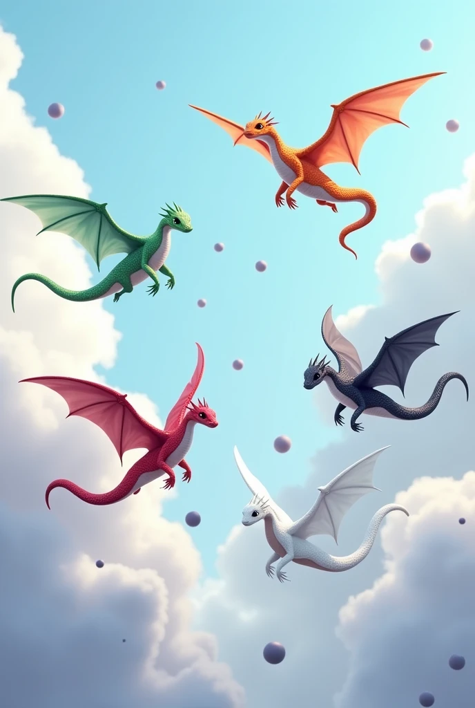 Create an image with snakes with wings in green colors, orange, rot, blackw, each one in a color. The background is baby blue sky with some soft shades of light gray and lilac. Snakes are flying in the sky. Behind the snakes there are some gray and indian orbs, alternating sizes between small, medium and large. Realistic image, futurist.