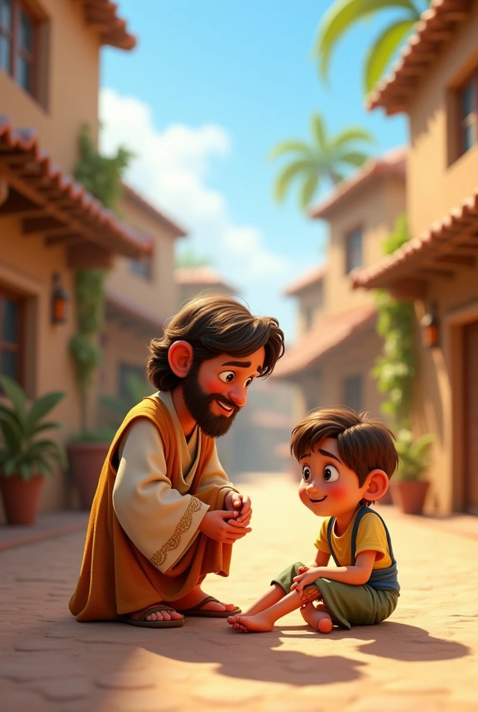 A 3D movie poster in Disney-Pixar style of Jesus as a kid and one of his friends broke his ankle and he went to help him
