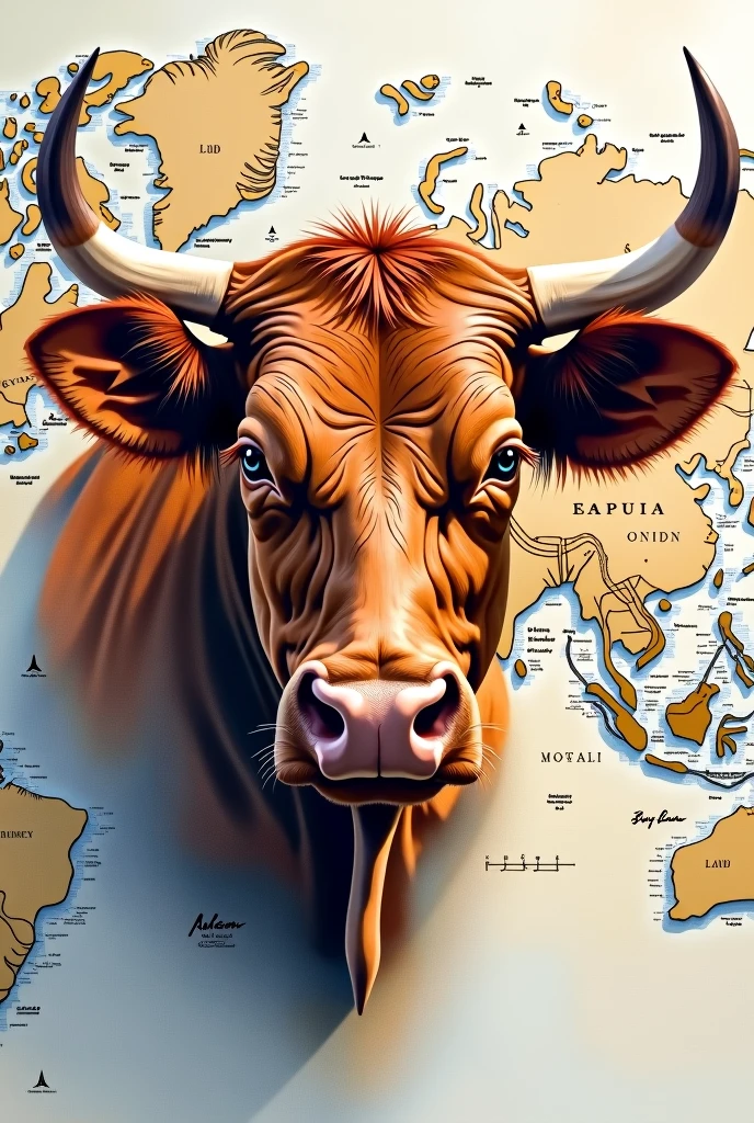 A REALISTIC PAINTING OF A LIMOUSIN BULL&#39;S FACE on a large world map, water colour , modern abstract,high resolution,high qualiy,