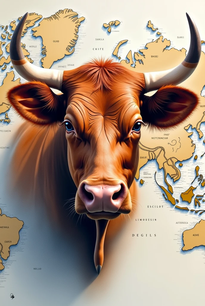 A REALISTIC PAINTING OF A LIMOUSIN BULL'S FACE on a large world map, water colour , modern abstract,high resolution,high qualiy,