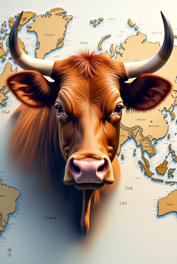 A REALISTIC PAINTING OF A LIMOUSIN BULL'S FACE on a large world map, water colour , modern abstract,high resolution,high qualiy,
