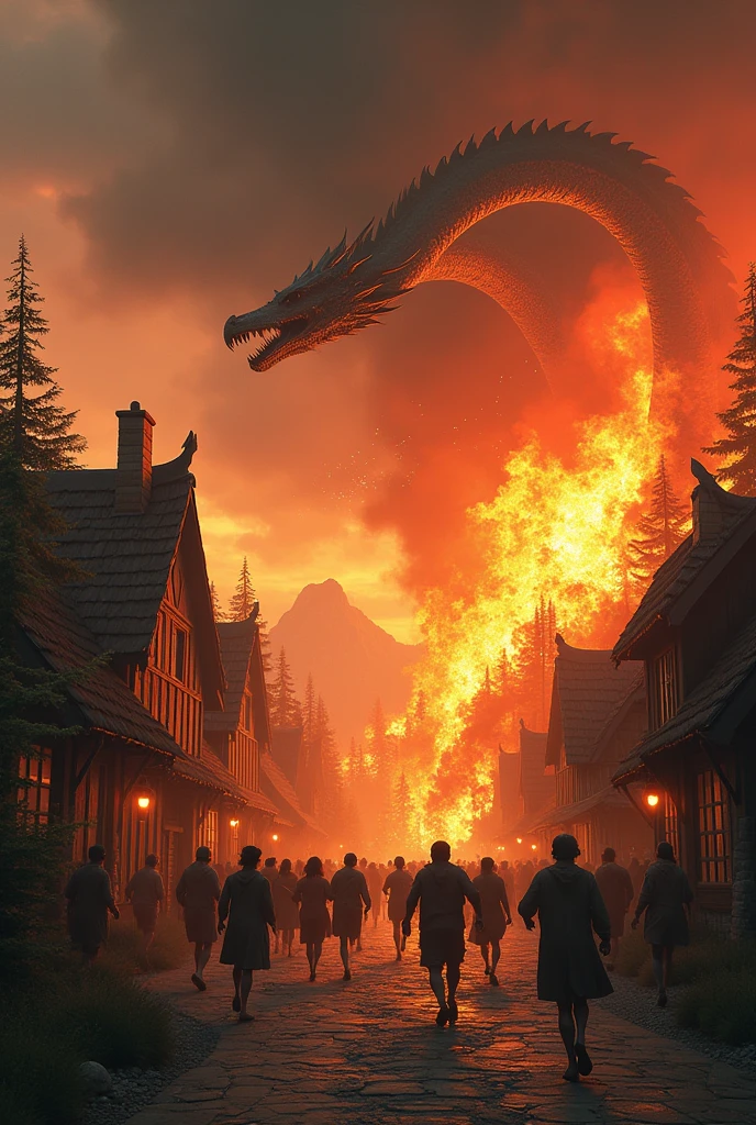 The burning of old wooden houses by dragons and the fleeing of villagers, make this picture quite realistic