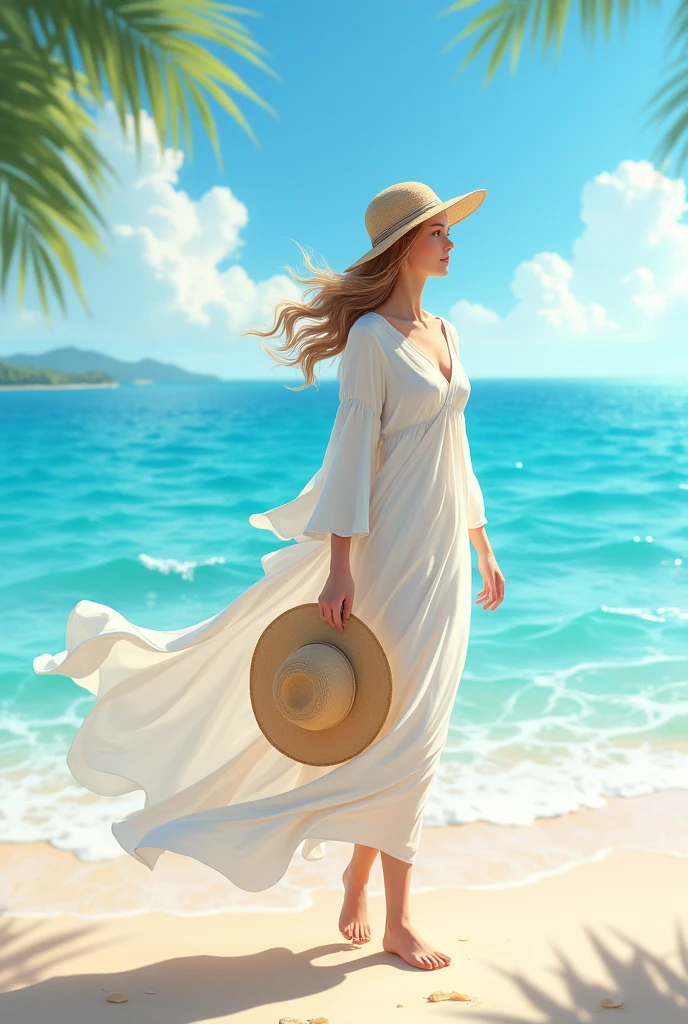 - A female character standing on the beach on a sunny day。She wore a kaftan dress that fluttered in the wind.、Holding a beach hat in hand。Behind me is the sparkling sea and blue sky.、Creates an overall relaxed atmosphere。