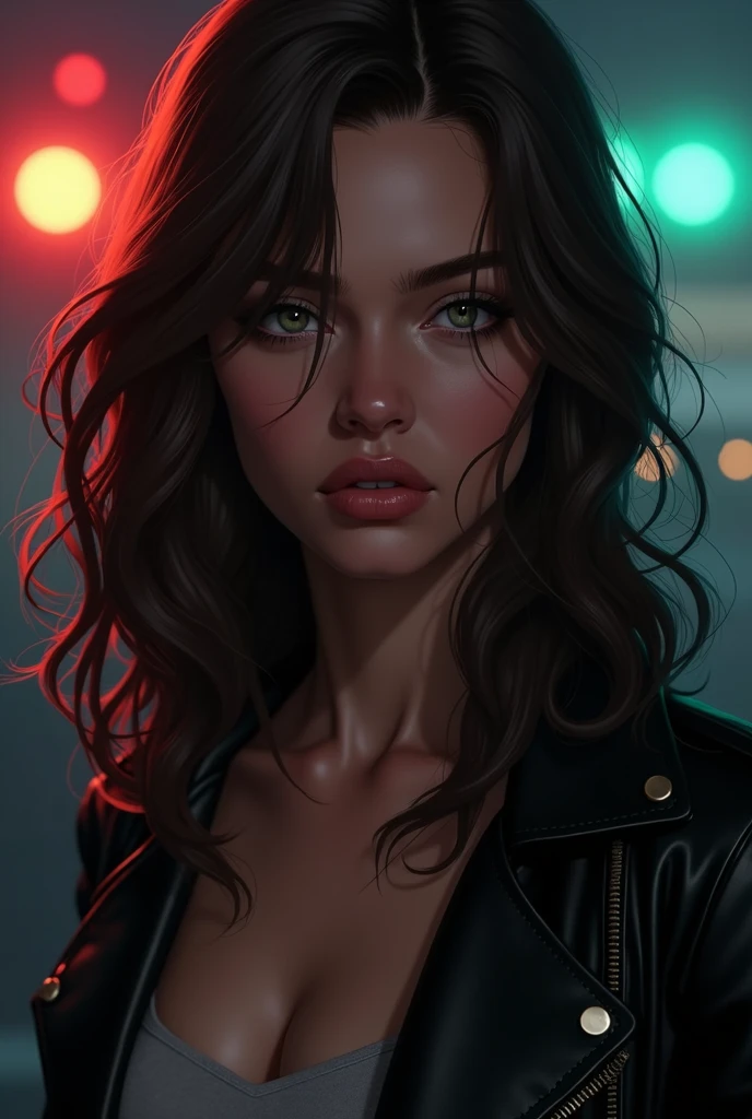 create the illustration in the digital illustration style inspired by the GTA V loading screens of a young woman who looks 1, very dark brown wavy hair, large divided sideways, very white skin and slightly pink cheeks and light green eyes, wearing leather jacket, your fatal and sexy and serious look, Her sexy expression, low lighting. thriller atmosphere. Dark music room background