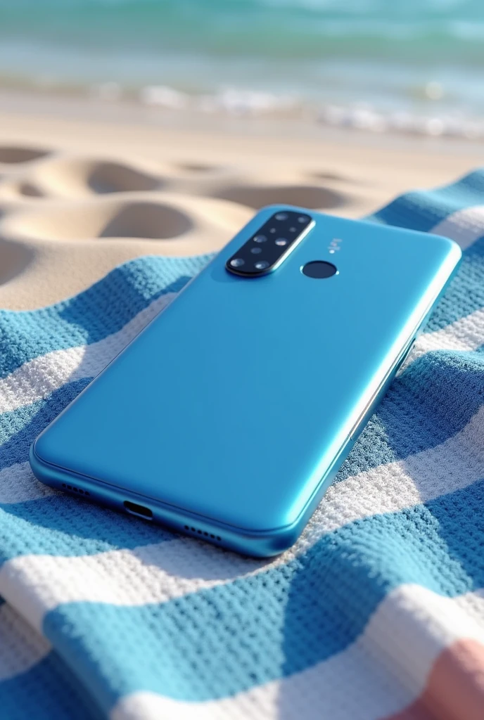 (photorealism:1.2), a blue google pixel 8 pro with logo on a beach towel, taken from above