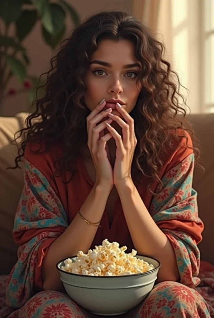 (photorealism:1.2), beautiful woman, ( colorful home clothes ), biting nails, at home, living room, eating popcorn, long curly hair, indoors, soft lighting, relaxed pose, realistic, intricate details, warm colors,