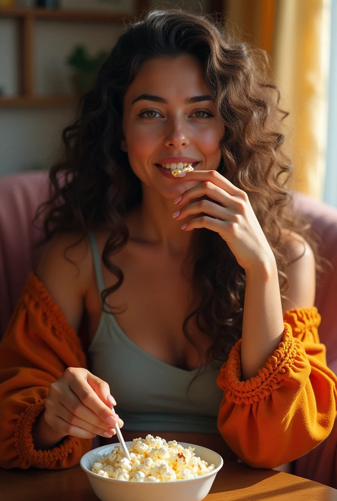 (photorealism:1.2), beautiful woman, ( colorful home clothes ), biting nails, at home, living room, eating popcorn, long curly hair, indoors, soft lighting, relaxed pose, realistic, intricate details, warm colors,