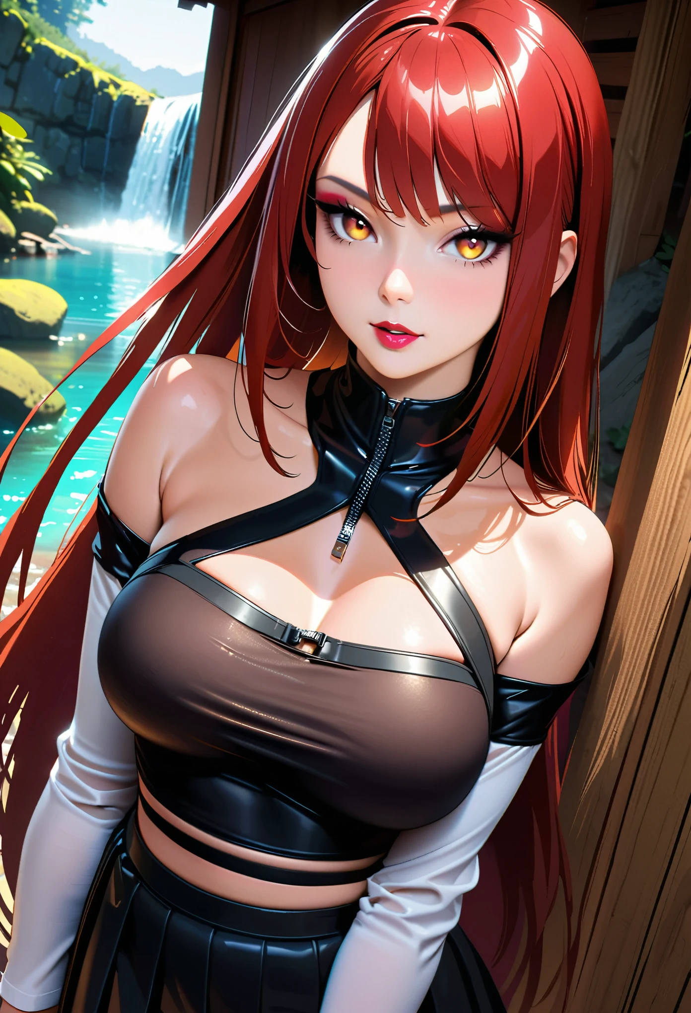 Artwork), (Portrait), Big Breasts (Aesthetics), ((2 Beautiful Girl)) (Adult Mature Girl) (Sexy Mature Body) (Very Beautiful Body), ((Long Straight Hair Parted)  ), ((Beautiful punk hair and natural red hair))), thin and open eyes, brown eyes, large round breasts, one female, woman, one female features, high quality, Roubas aesthetics, professional angle, (rule of thirds), female features  Single, standing alone, (attractive Korean woman), summer, (ink mist), (afternoon), (vibrant light), seductive pose, ((man looking)), white off-shoulder blouse, long sleeve, hip-hop blouse  Long, Knife Pleated Skirt, Beautiful and Elegant Black Skirt ((Energy)), (Bold Makeup), (Medium Breasts), Shiny Skin, (Hip-Hop Detail Clothes), (Beautiful Clothes), (Exquisite Neckline), Nice Body  , Gorgeous Eyes, Glowing Eyes, Seductive Smile, Beautiful Mouth, Beautiful Lips, (Best Quality, Highly Detailed, Realistic: 1.39), Bright and Vibrant Colors, Studio Lighting, Romantic Expression, Seductive, Seductive, In the Wooden Cabin, Waterfall in the Distance  , cute girl pose, Chinese garden
