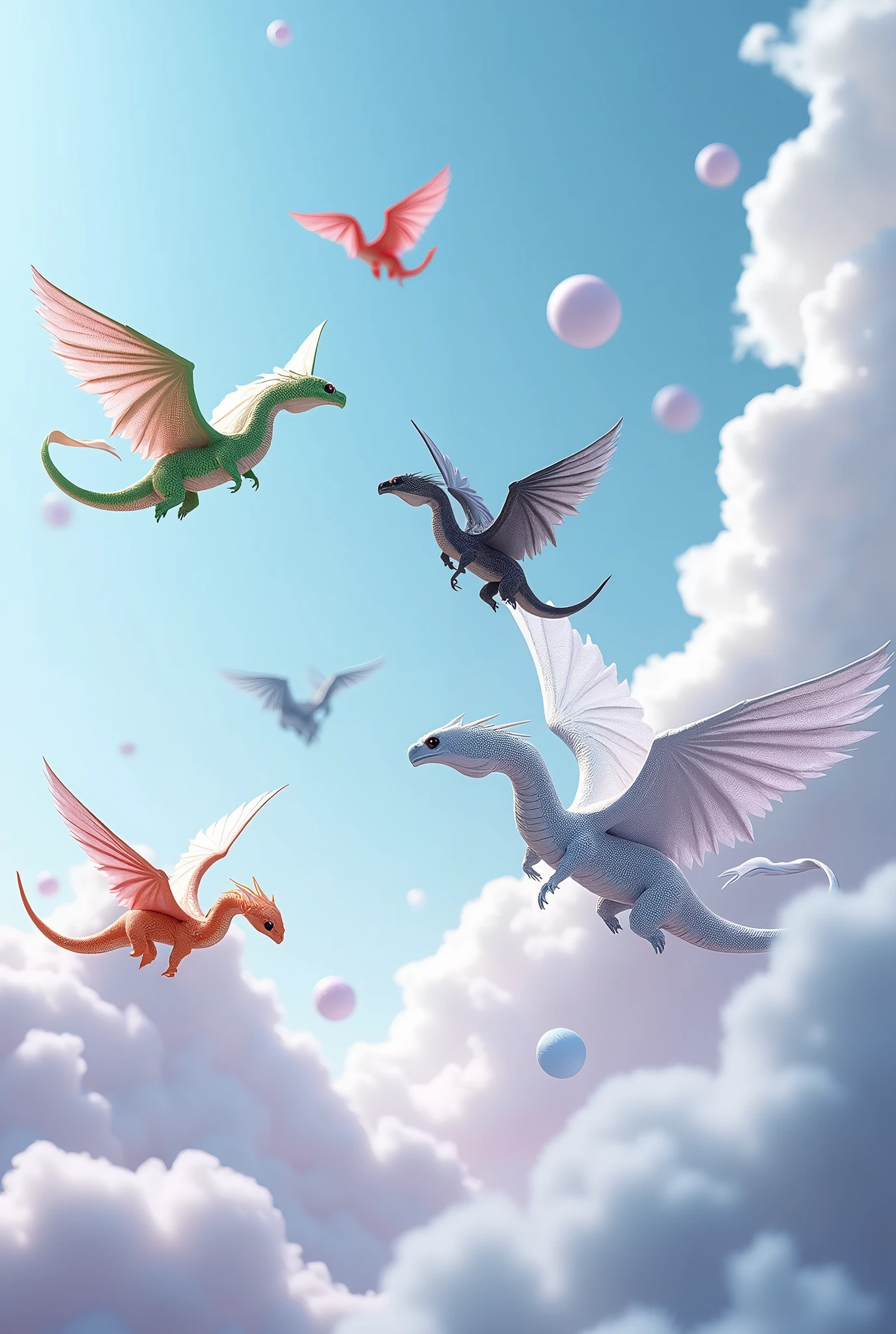 Create an image with snakes with wings in green colors, orange, rot, blackw, each one in a color. The background is baby blue sky with some soft shades of light gray and lilac. Snakes are flying in the sky. Behind the snakes there are some gray and indian orbs, alternating sizes between small, medium and large. Realistic image, futurist.