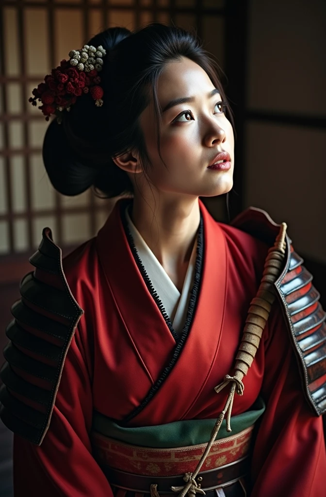 medium shot of japanese samurai geisha, beautiful , looking up, leather armour, silk robe, soft lighting, film grain, from above, upper body, epiCPhoto,