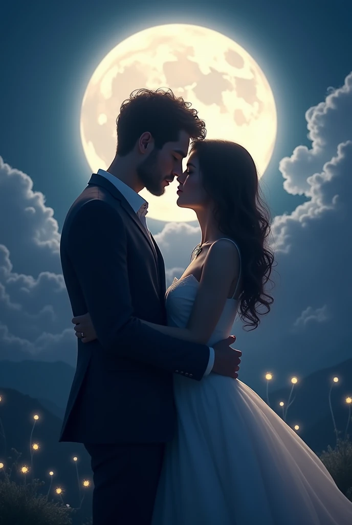 Image of a couple giving each other love with the moon and the number 02 in the background 