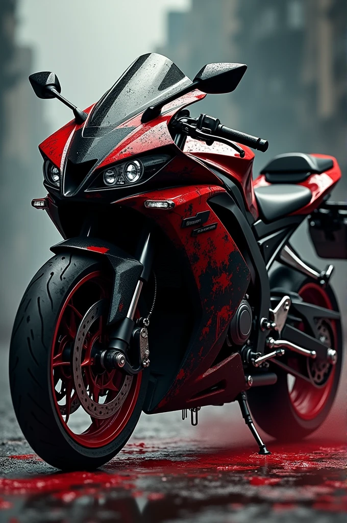 How would a Kawasaki ninja 400 motorcycle look with black paint and red paint like blood anime gore style?