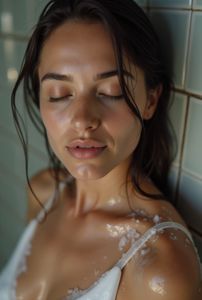 Brunette adult female selfie in the shower, wet soapy body, nude, close up,