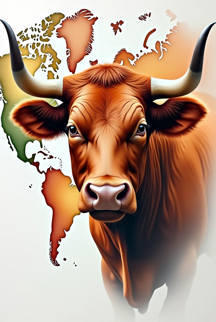 A REALISTIC PAINTING OF A LIMOUSIN BULL&#39;S FACE on a large world map, water colour , modern abstract,high resolution,high qualiy,