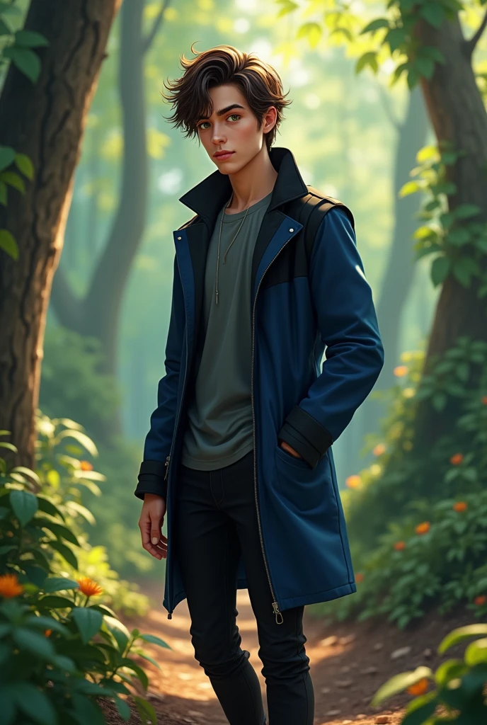 Create an image of an 1, the face needs to be delicate with dark brown and wavy hair, your reddish and attractive mouth. The haircut needs to be modern. He has light honey green eyes and fair skin.. He is dressed in men's black pants and sturdy combat boots.. your coat is blue and black , in dark blue tone, with a modern cut. His expression is outgoing and charismatic and his smile is charming, conveying a natural charm and confidence.. He is a boy who has a body with good muscles and an attractive look.. The setting is in a forest, to complement your cool style and vibrant personality.