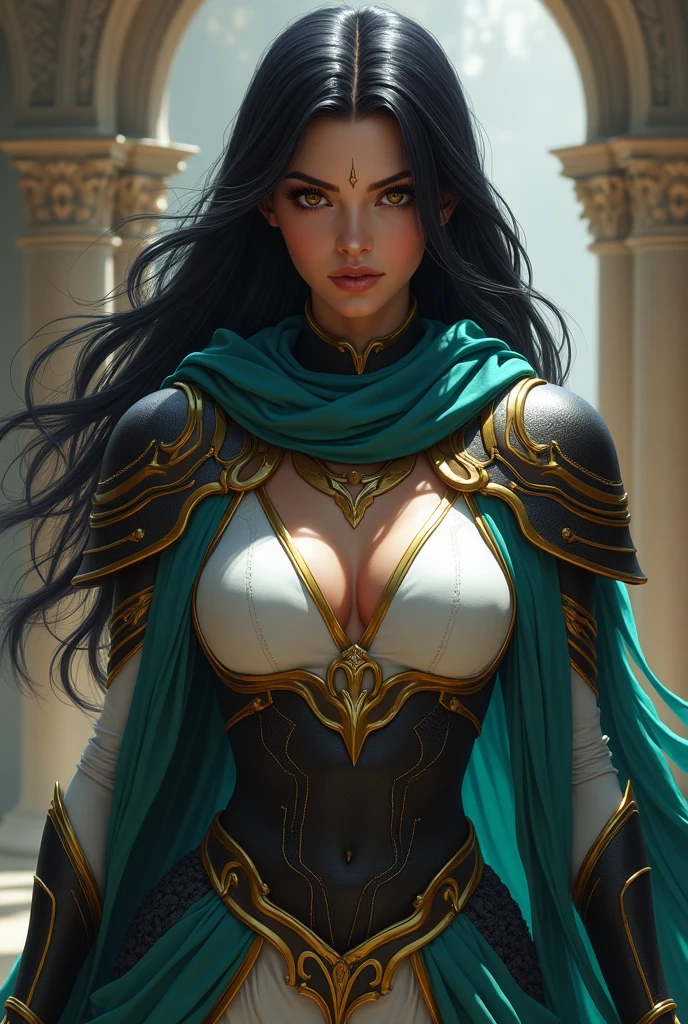 (masterpiece), best quality, expressive eyes, perfect face, (1)Woman, milf, mature look,atletic body, long black hair, serious face with close eyes , medium chest , hips, withe skin, elegant sacred clothing with large shoulders and a gold collar, with scarft turquoise, black boots, armor, looks at the viwers similar to Aphelios league of legends