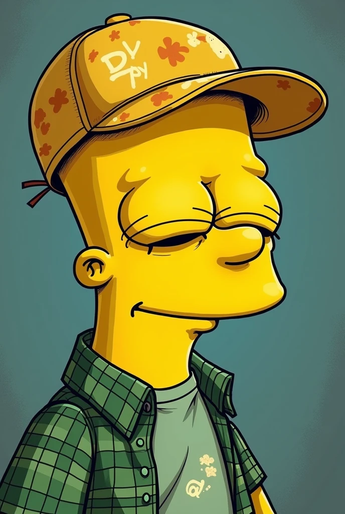 photo Bart grunge style tie dyed yellow smile cap backwards green day long plaid shirt with drawing lines low definition high quality relaxed relaxed eyes yellow color relaxed drawing