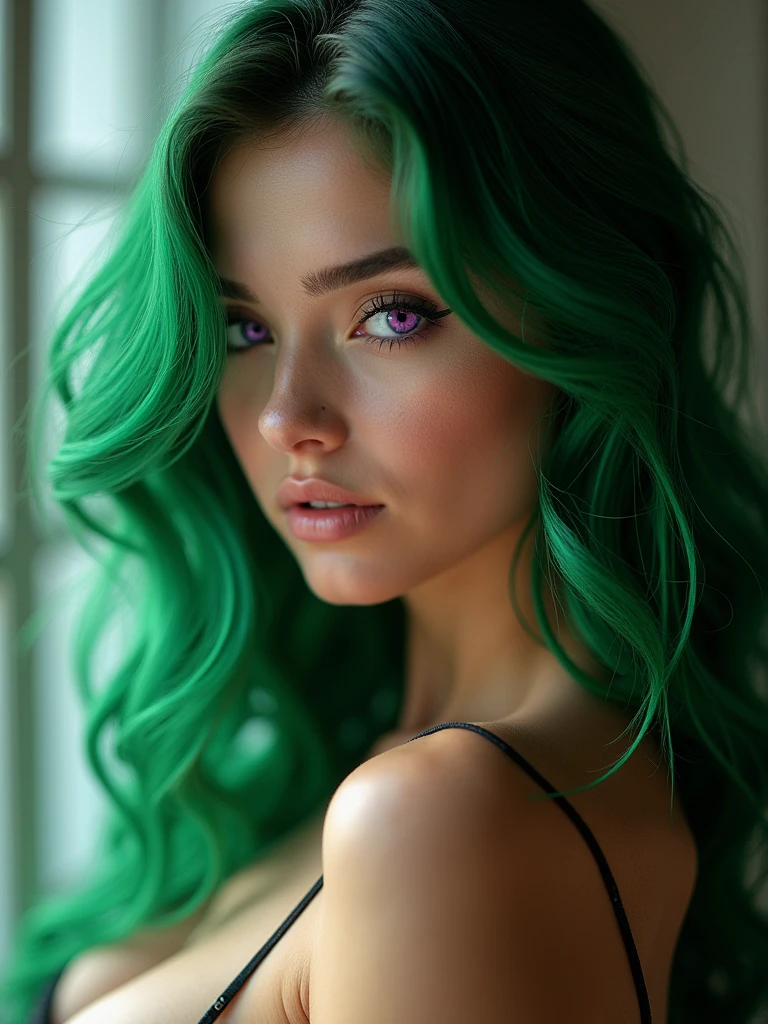 Green hair, purple eyes, gorgeous girl, big , Photo Studio style, booty , naked