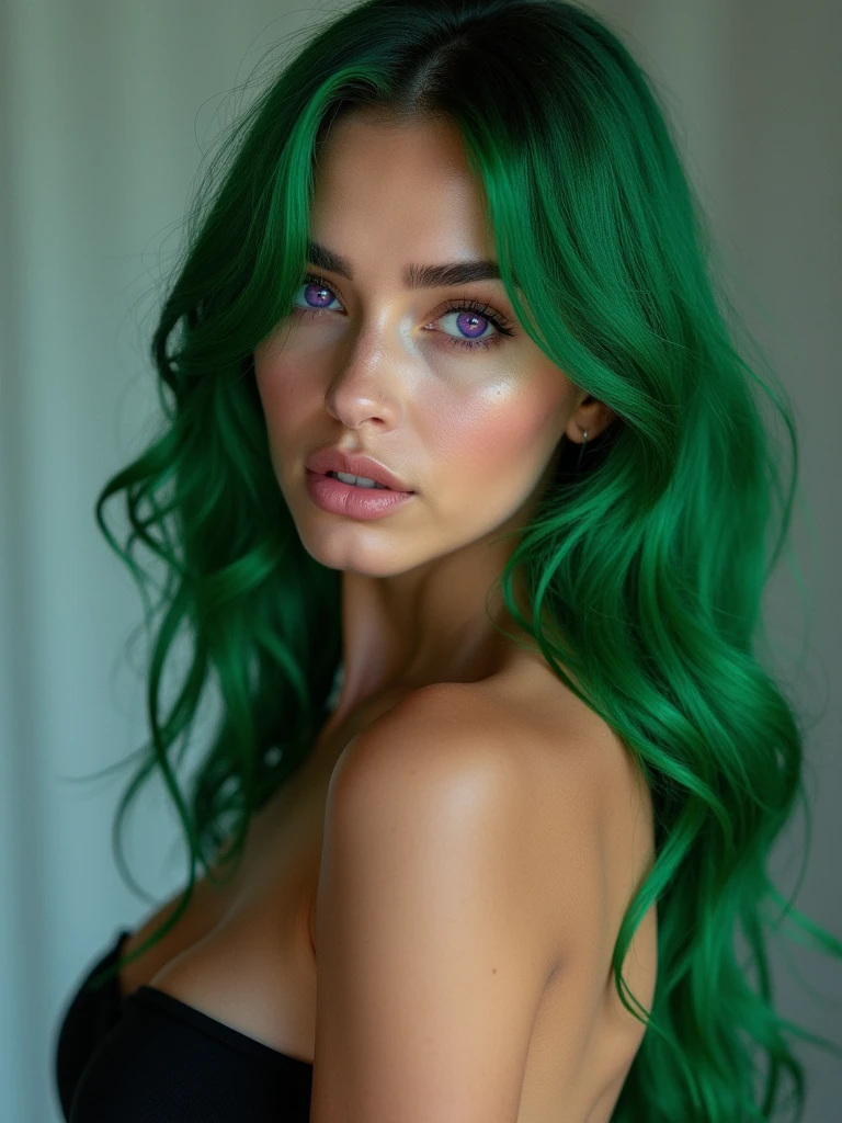 Green hair, purple eyes, gorgeous girl, big , Photo Studio style, booty , naked