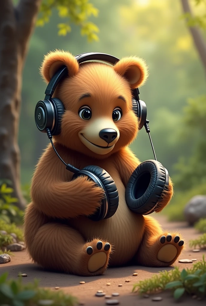 Bear playing with headphones