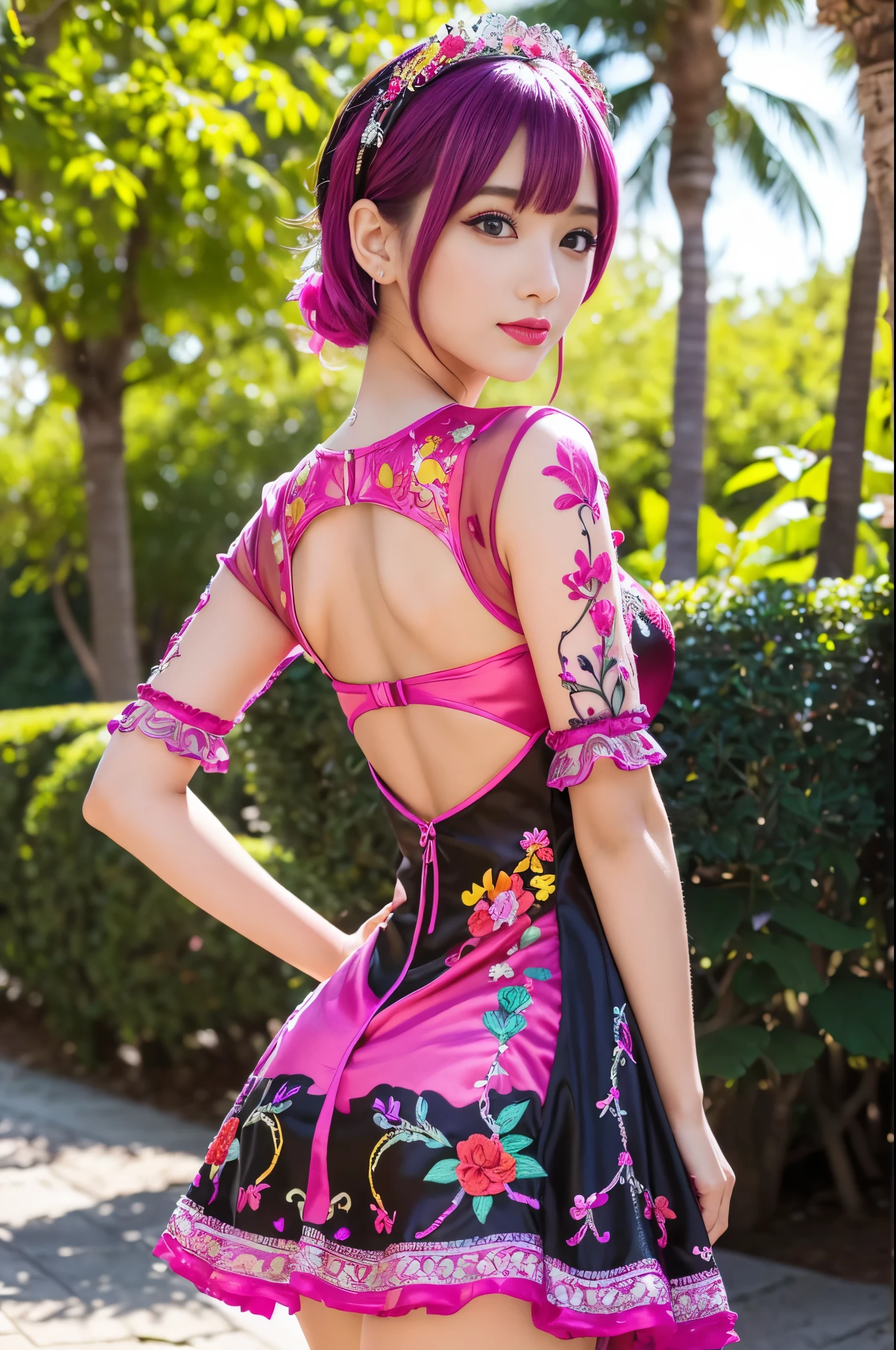 (masterpiece:1.4), (best quality:1.4), ultra high res, ultra high resolution, ((detailed facial features)), HDR, (realistic, photorealistic, photo-realistic:1.37), full body Esbian, sexy swedish model, (-anime), only 1 model, vivid colors, ((vivid colors multicolor (fuchsia, pink, red, purple) very short hair)), beautiful smile, lip-gloss, long lashes, defined eyebrows, wearing large sparkling colorful jewelery, wearing a red silk Paradise Kiss cosplay dress with black floral embroidery, ((vivid colors outfit)), vivid colors, look at the camera, cinematic light, large park background with trees, sweet and sexy pose