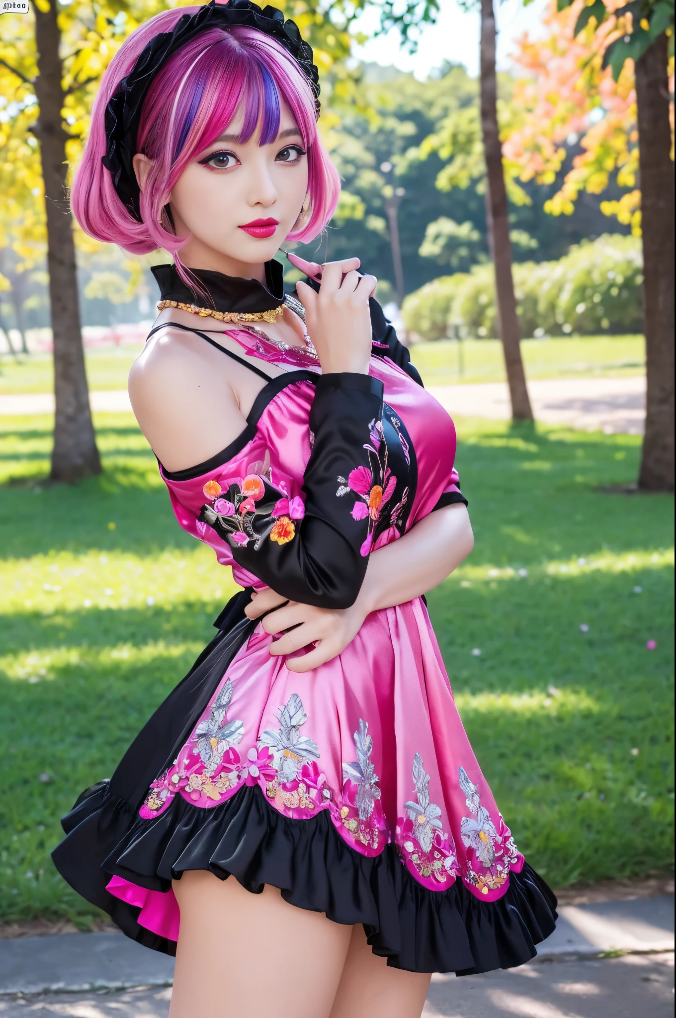 (masterpiece:1.4), (best quality:1.4), ultra high res, ultra high resolution, ((detailed facial features)), HDR, (realistic, photorealistic, photo-realistic:1.37), full body Esbian, sexy swedish model, (-anime), only 1 model, vivid colors, ((vivid colors multicolor (fuchsia, pink, red, purple) very short hair)), beautiful smile, lip-gloss, long lashes, defined eyebrows, wearing large sparkling colorful jewelery, wearing a red silk Paradise Kiss cosplay dress with black floral embroidery, ((vivid colors outfit)), vivid colors, look at the camera, cinematic light, large park background with trees, sweet and sexy pose