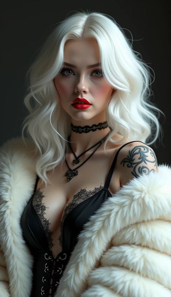 Ultra gorgeous woman with beautiful wavy white hair, gothic black makeup and lipstick, professional studio photography, 4K face resolution, soft smart blur, Gucci white fur fashion, stylish, alluring skin, erotic clothing, realistic curves, ultra realistic, ultra detailed, Masterful Render, inked tattoos, amazing background design, trending on artstation, sharp focus, studio photo, intricate details, highly detailed, by greg rutkowski