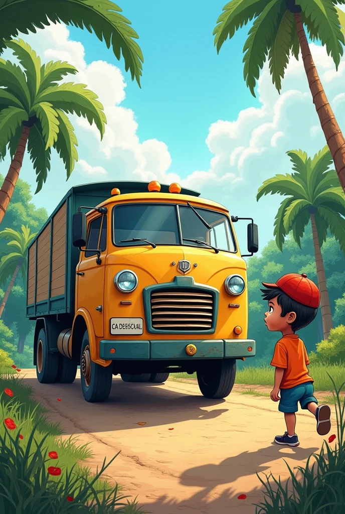 I want to create a cover for a school history project, that has a drawing of a truck and Saci Pererê