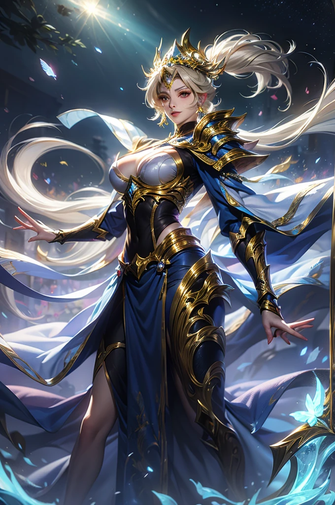 Ultra HD、Ultra-clear、White and beautiful translucent skin、Beautiful and well-proportioned face、Cute smile、Saint Seiya of Libra、Covers the whole body in silver armor、A holy knight in silver armor、Platinum tiara、Silver armor covered in flashy carvings、Heavy silver armor、Beautiful clear red eyes、Blonde Short-Haired、Big Breasts、Outer space background、ponytail、