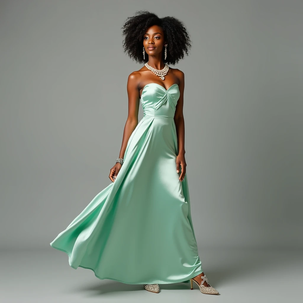 A full-body image of a Black woman exuding an angelic essence, posed elegantly against a gray background. She is dressed in a luxurious mint green silk gown with a flowing A-line silhouette and a subtle shimmer. The gown's silk charmeuse fabric drapes gracefully, adding a touch of refinement. Her curly hair is styled in a soft updo with pearl pins, creating a celestial crown-like effect. Her skin radiates a golden glow, enhancing her divine appearance. She wears antique-inspired heels with delicate embroidery. Her jewelry includes a raw pearl necklace and delicate crystal-studded earrings, adding a sense of ethereal elegance and timeless beauty to her look.