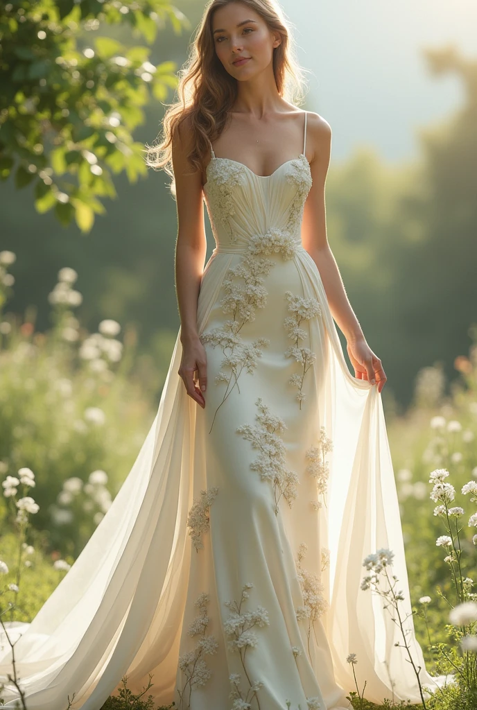 Satin wedding dress with delicate white flowers printed on it