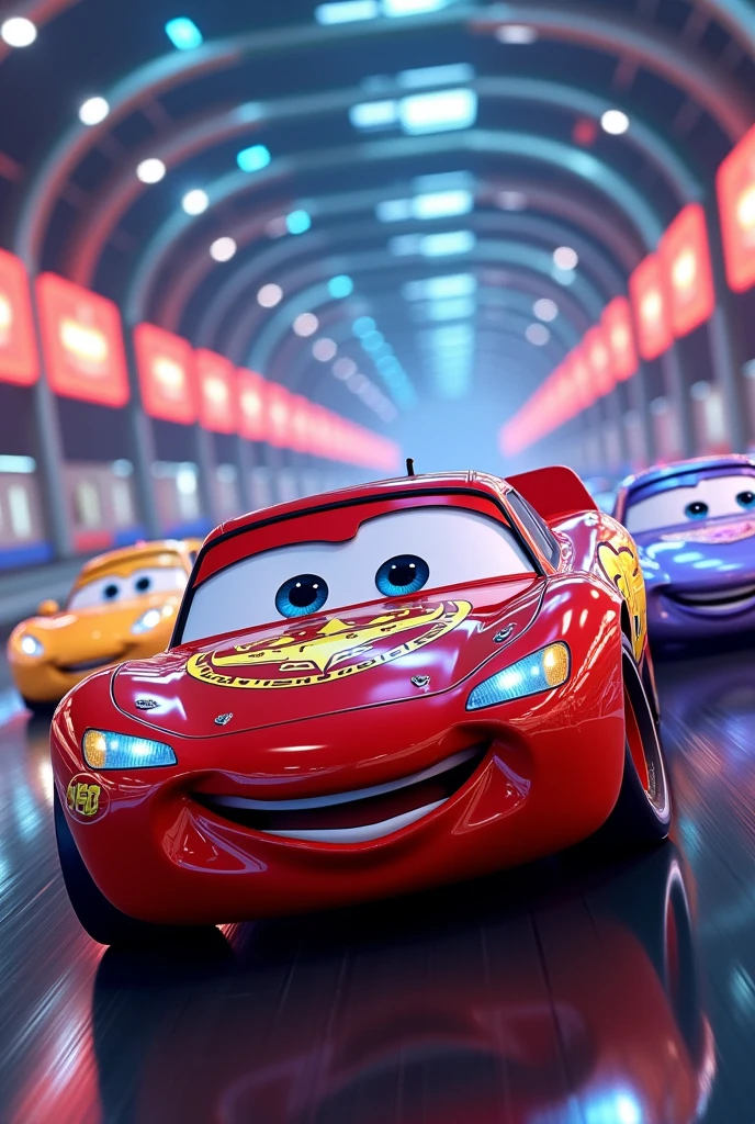 A new challenge arises: a worldwide race where performance is calculated based on advanced statistics Colors: Vibrant, metallic hues to capture the excitement of racing and the shine of cars.

Personagens: Faithful to the style of the movie Cars, focusing on the vehicles&#39; facial expressions.

texto: Speech bubbles that capture the spirit of the film, with some simple explanations about statistics integrated into the dialogue.