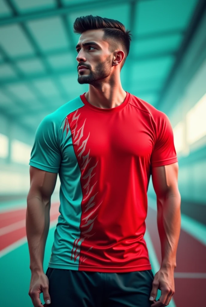 Red and turquoise sports t-shirt