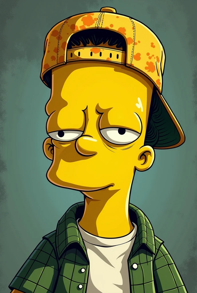 photo Bart grunge style tie dyed yellow smile cap backwards green day long plaid shirt with drawing lines low definition high quality relaxed relaxed eyes yellow color relaxed drawing