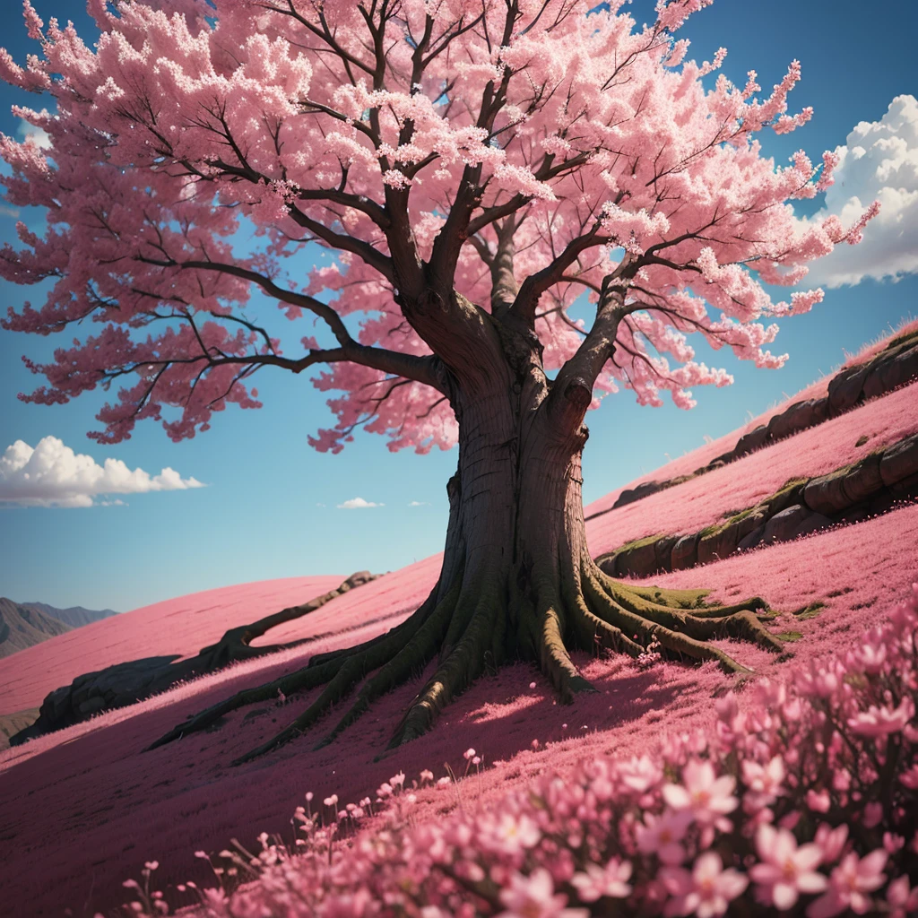 pink spring tree , deep red background