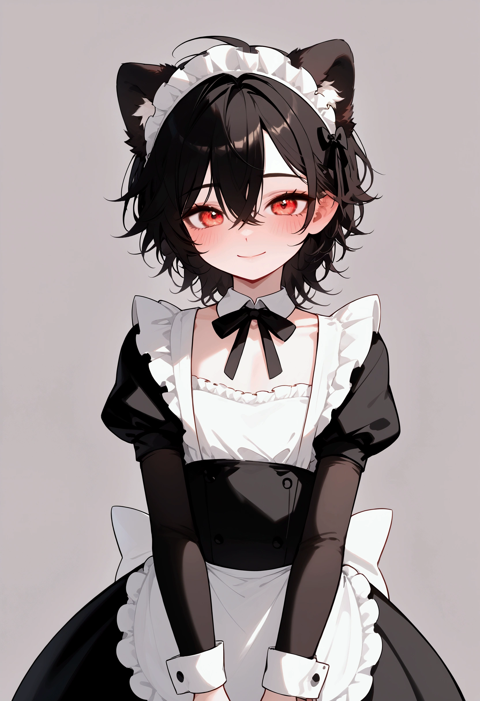 Best quality, super detailed illustration, warm colors, Ideal lighting, Perfect detail, ( boy Fluffy panda:1.4) , feminine face and body, disheveled thick hair, Maid clothes, shy smile, Femboy, small waist, wide hips, slim, perfect body, style "DND"