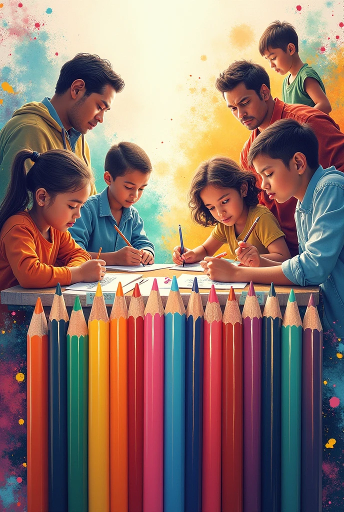 Create a colorful advertisement for colored pencils for all age groups, showing the quality and durability of the pencils.