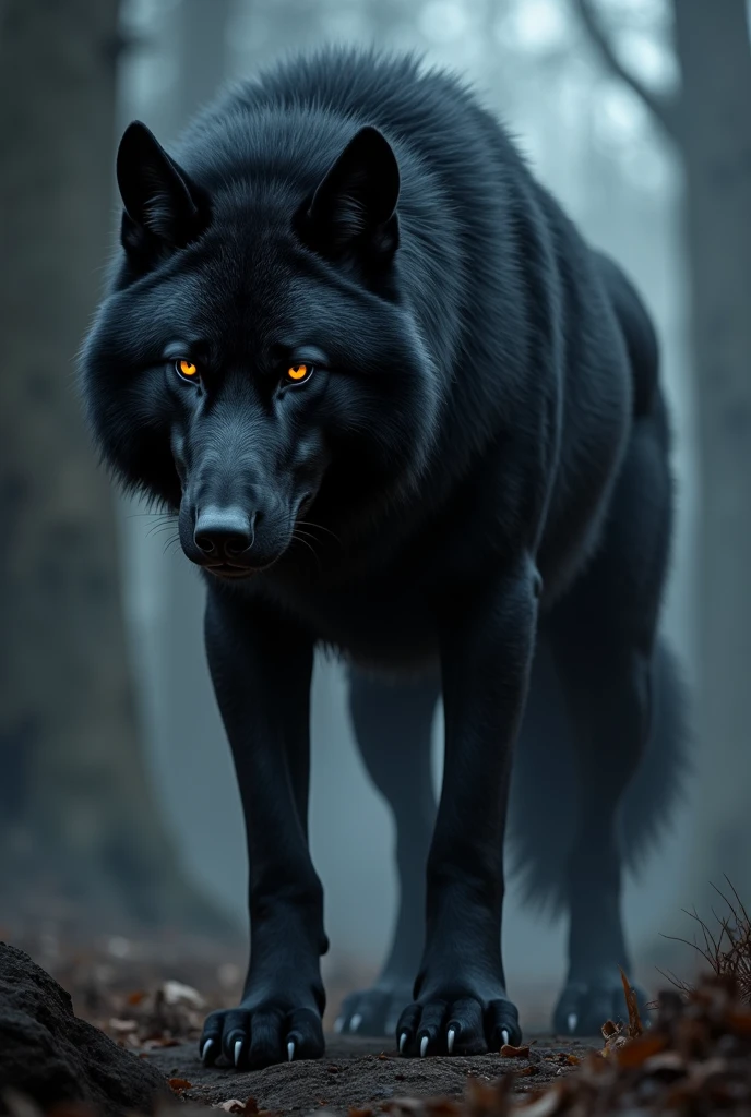 create an image of a black wolf with an aura of power and danger, Imagine a dark, shiny furred wolf standing out in a gloomy environment. His gaze is intense and penetrating., with eyes that seem to glow with a sinister red or golden glow. The background must be dark, perhaps a stormy night or a dark forest, to enhance the contrast with the wolf. The wolf stance should be dominant and challenging., with an attitude that exudes confidence and authority, as if ready to claim his place as the undisputed king of the wolves.