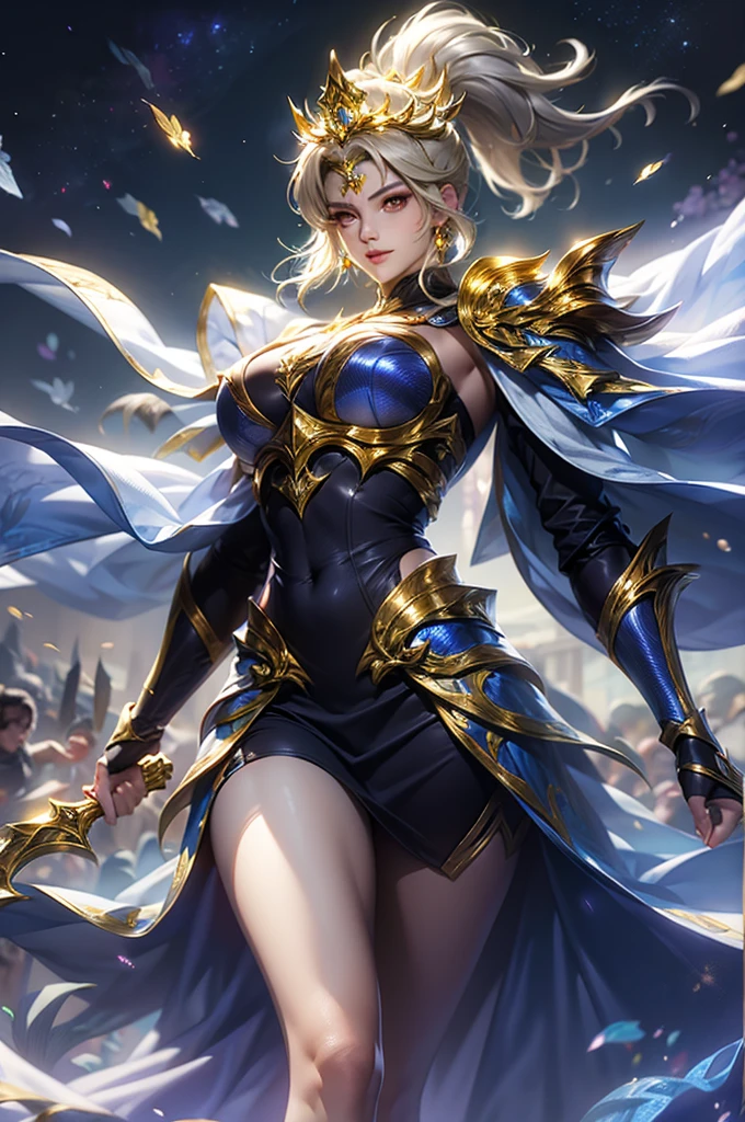 Ultra HD、Ultra-clear、White and beautiful translucent skin、Beautiful and well-proportioned face、Cute smile、Saint Seiya of Libra、Covers the whole body in silver armor、A holy knight in silver armor、Platinum tiara、Silver armor covered in flashy carvings、Heavy silver armor、Beautiful clear red eyes、Blonde Short-Haired、Big Breasts、Outer space background、ponytail、