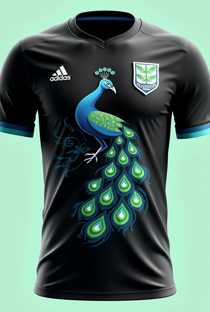 Quero umThe shirt de time preta com azul e verde junto, with a peacock as a mascot that is average, nem mt grande nThe shirt e nem pequeno, The shirt, make a not so realistic peacock